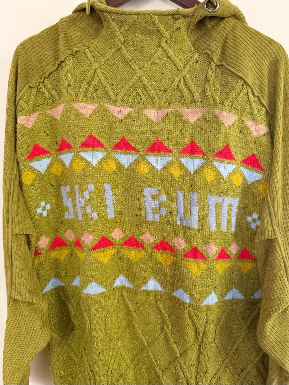 Free People Ski Bum Green Cable Knit Hooded Sweater Size Small Oversized